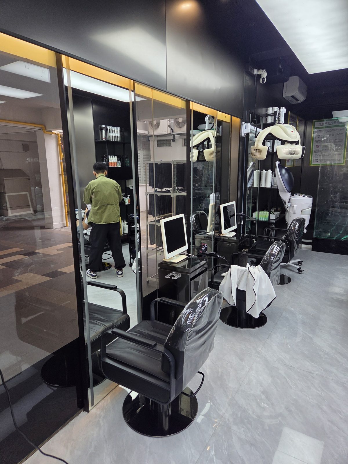 The salon interior with styling stations